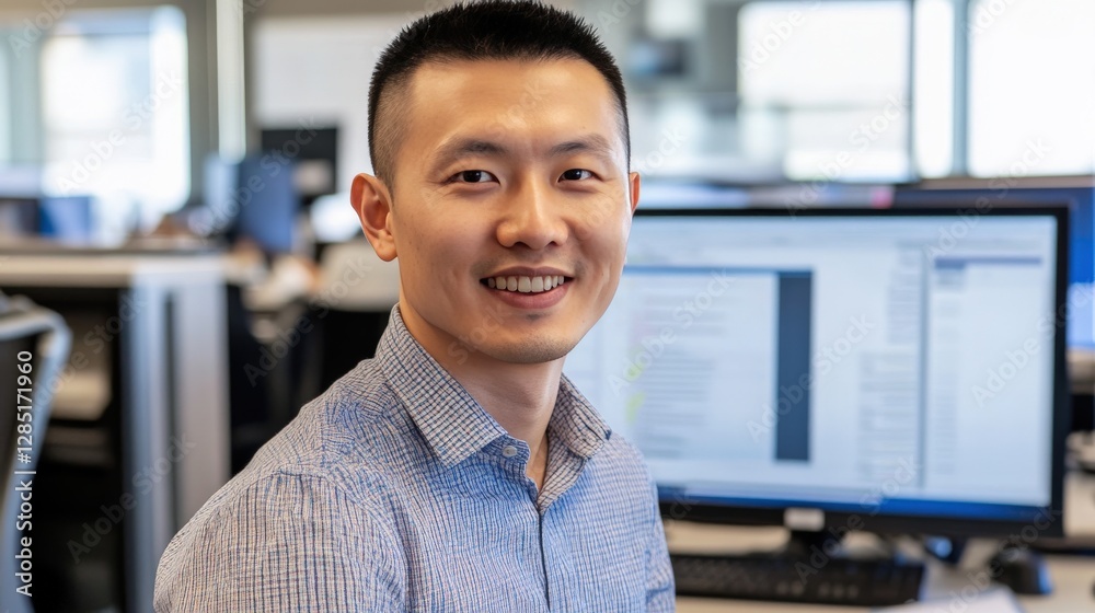 Obraz premium Professional Asian Man Smiling in Modern Office Environment with Computer Screens