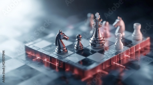 A chessboard with metallic pieces, featuring a king, knight, and pawns in a dramatic, highcontrast lighting se
