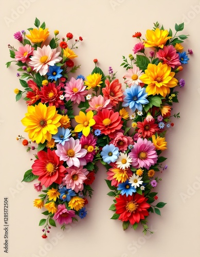 letter, W, floral, flowers, vibrant, colorful, artistic, elegant, design, organic, natural, red, yellow, pink, blue, white, blooms, green, leaves, accents, beige, background, soft, texture, warm, photo