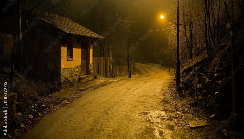 Fototapeta premium Mysterious Night Scene on a Wet Rural Road