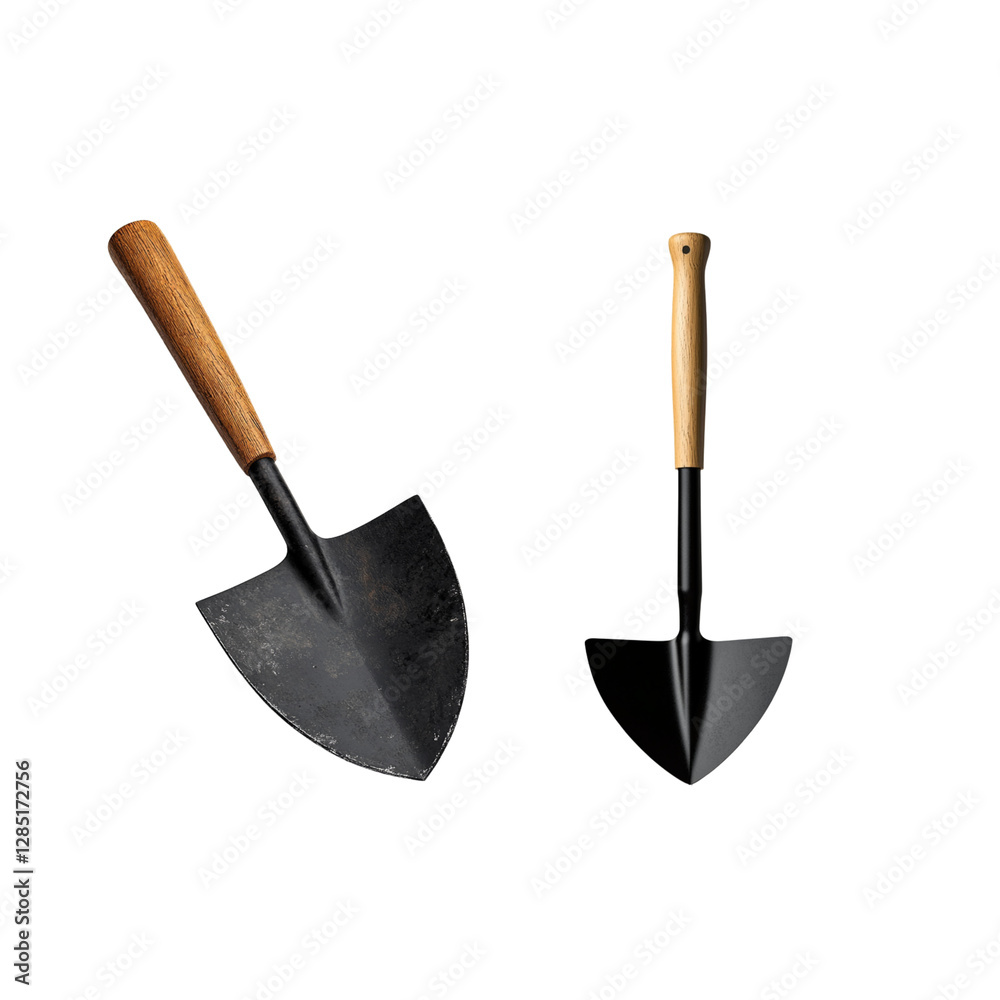 Realistic black shovel with wooden handle, isolated on white background.
Realistic black shovel with wooden handle, isolated on white background.