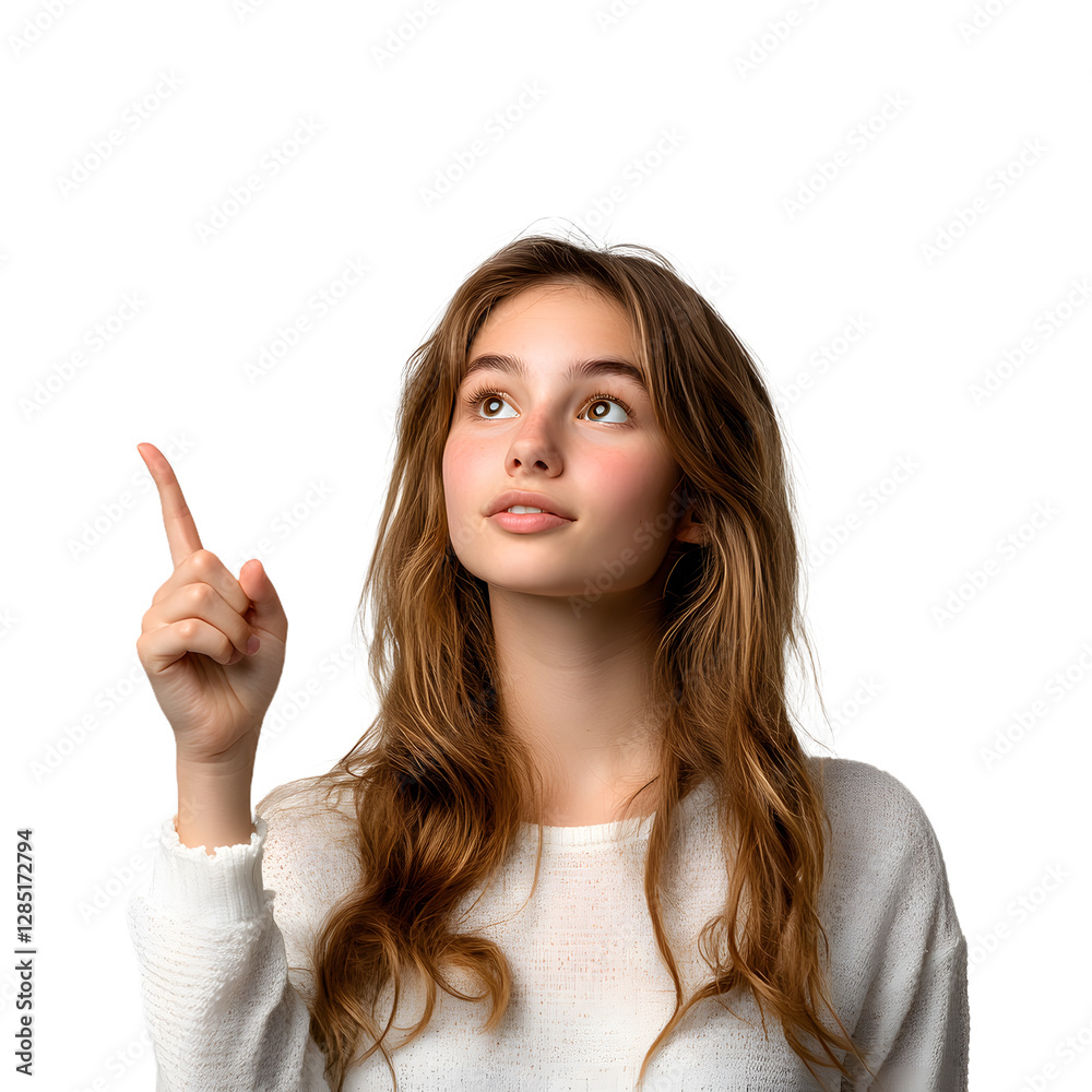 portrait of a young woman pointing up at something with her finger, cut out on a transparent background portrait of a young woman pointing up at something with her finger, cut out on a transparent background