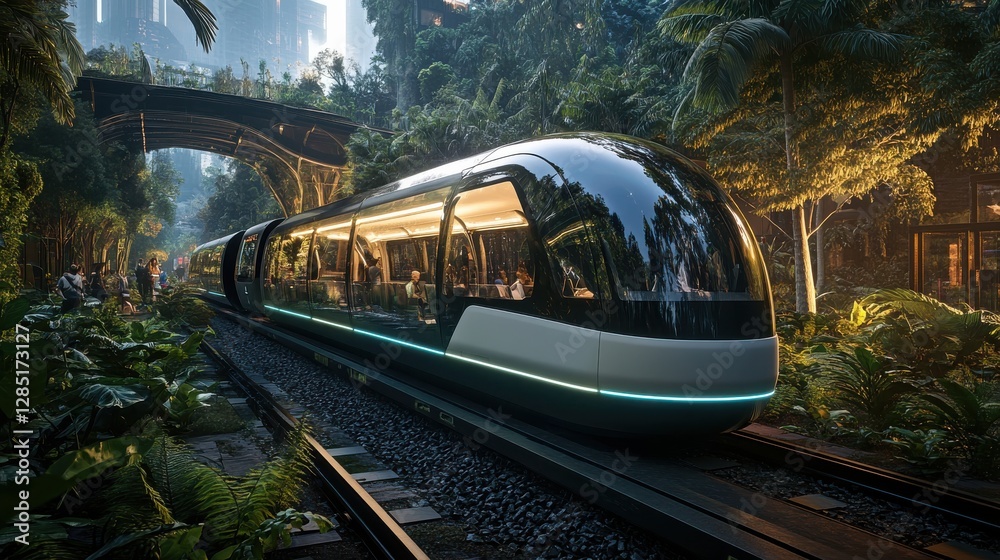 Naklejka premium Futuristic Train Station Surrounded by Lush Greenery and Modern Architecture at Dusk