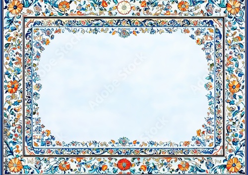A simple rectangular empty frame with an Islamic-style pattern, a light blue background, and a border made of colorful floral patterns.