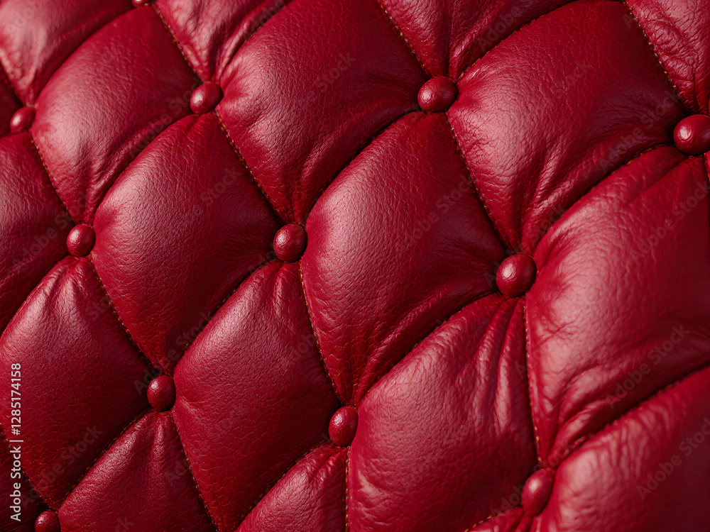 Fototapeta premium Red leather cushion with quilted pattern, close-up of luxurious furniture fabric texture for interior design.