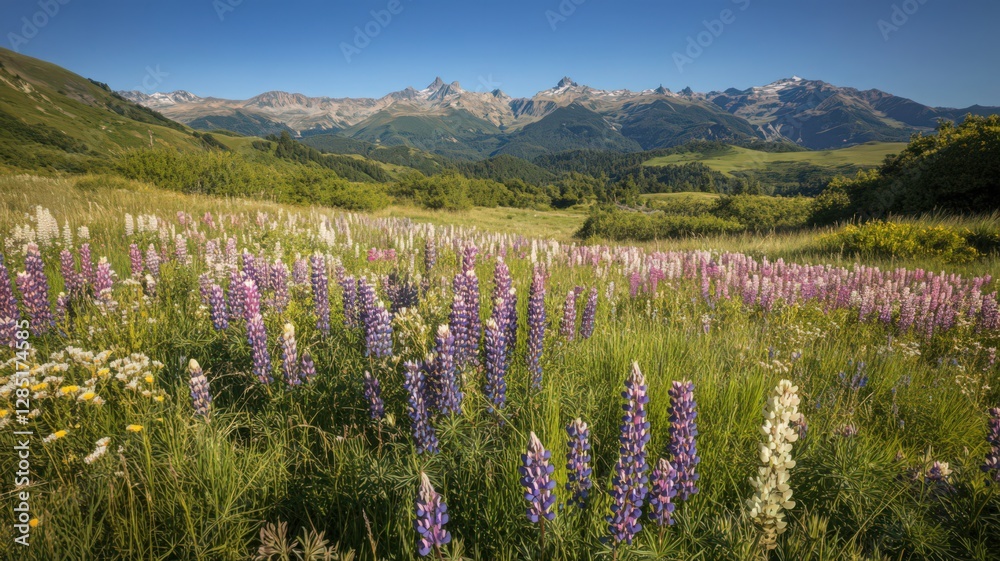 Fototapeta premium Vibrant Wildflower Meadow with Mountain Range Background
