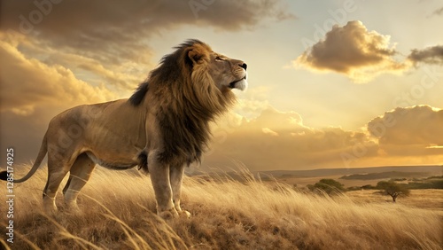 Majestic Lion in Savanna: A regal lion stands proudly atop a grassy knoll, bathed in the golden light of a dramatic sunset, embodying power and freedom in the heart of the African savanna.