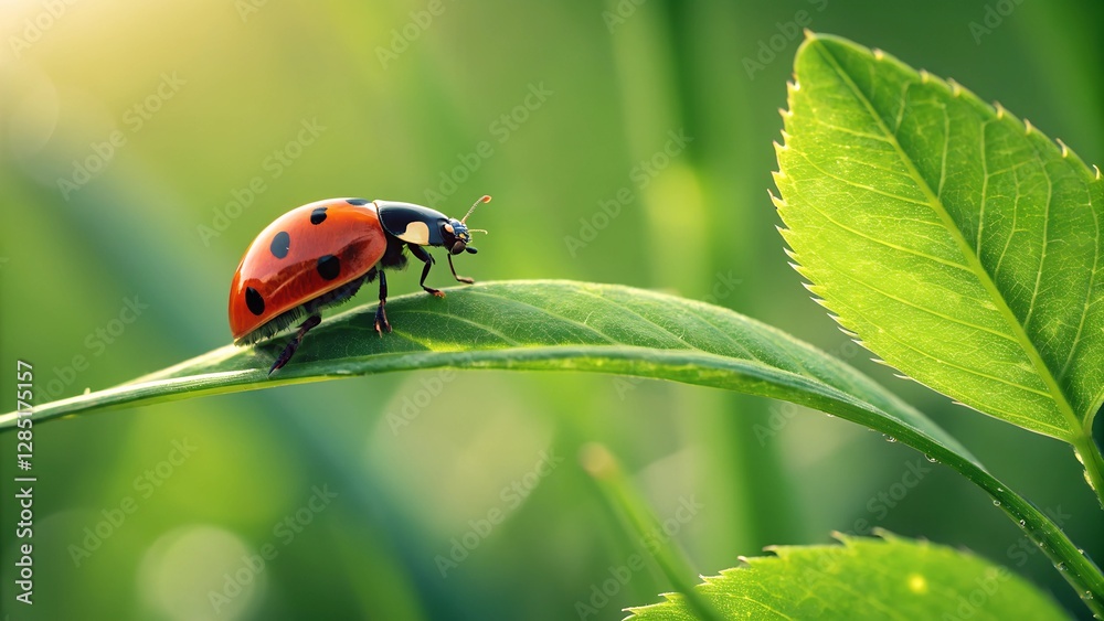Ladybug's Green Retreat: Captivating macro shot of a ladybug perched gracefully on a vibrant green leaf, showcasing the insect's iconic red and black shell with the sun-kissed foliage. Ladybug's Green Retreat: Captivating macro shot of a ladybug perched gracefully on a vibrant green leaf, showcasing the insect's iconic red and black shell with the sun-kissed foliage.