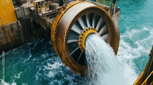 Fototapeta Naklejka Na Ścianę i Meble -  Large Industrial Turbine Discharging Water into Ocean From Power Plant Facility Pipe