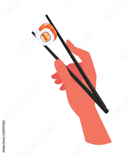 Hand holding sushi using chopsticks stock illustration