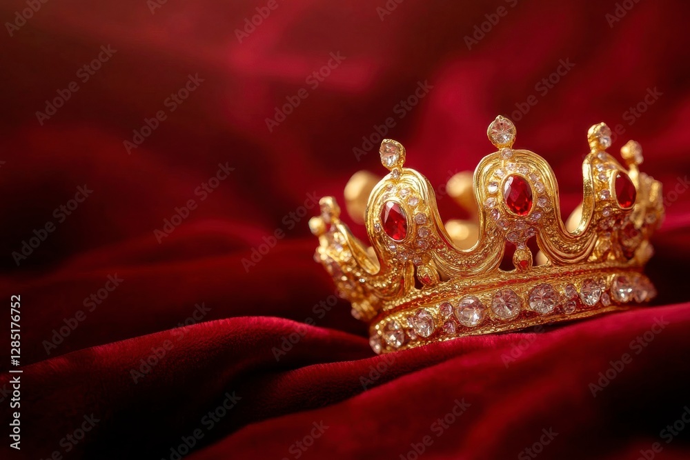 Fototapeta premium Gold crown with rubies and diamonds on red velvet evokes royalty, power, and luxury.
