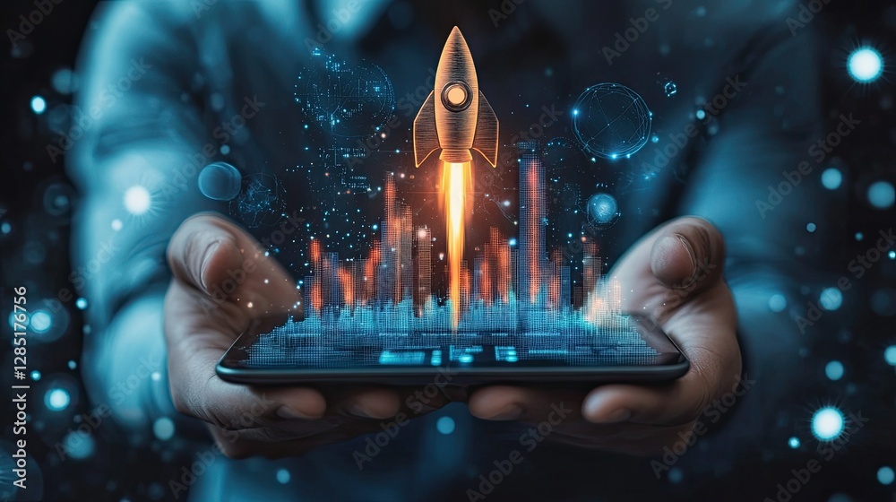 custom made wallpaper toronto digitalMan holding a flat phone with a stock market graph going up from the phone with a rocket, symbolizing the growth of digital marketing campaigns and the impact of strategies on business success