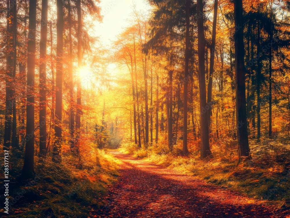 Golden autumn forest path invites exploration during a scenic hike. Golden autumn forest path invites exploration during a scenic hike.