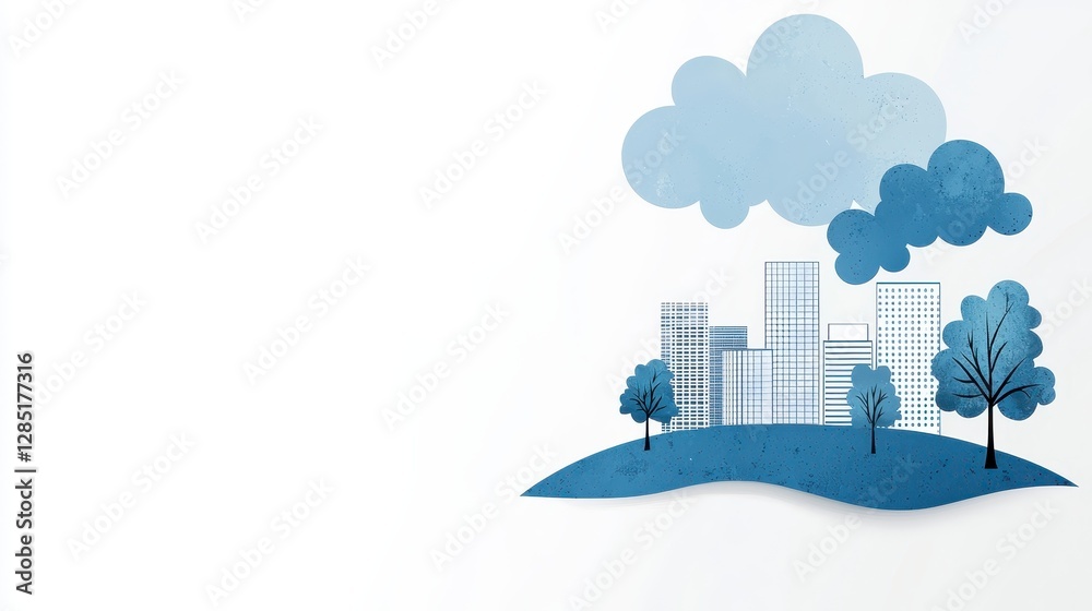 Obraz premium Blue Cityscape Paper Illustration With Cloud and Trees on White
