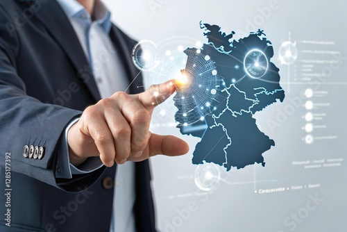 Businessman touching virtual map of Germany, business, technology, network, communication, global, data analysis concept