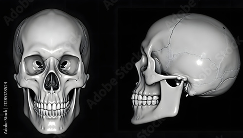X-ray of human skull, frontal and side views, detailed bone structure, medical imaging, anatomical study.