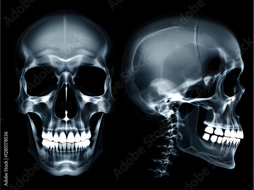 X-ray of human skull, frontal and side views, detailed bone structure, medical imaging, anatomical study.