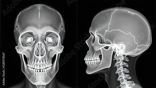 X-ray of human skull, frontal and side views, detailed bone structure, medical imaging, anatomical study.