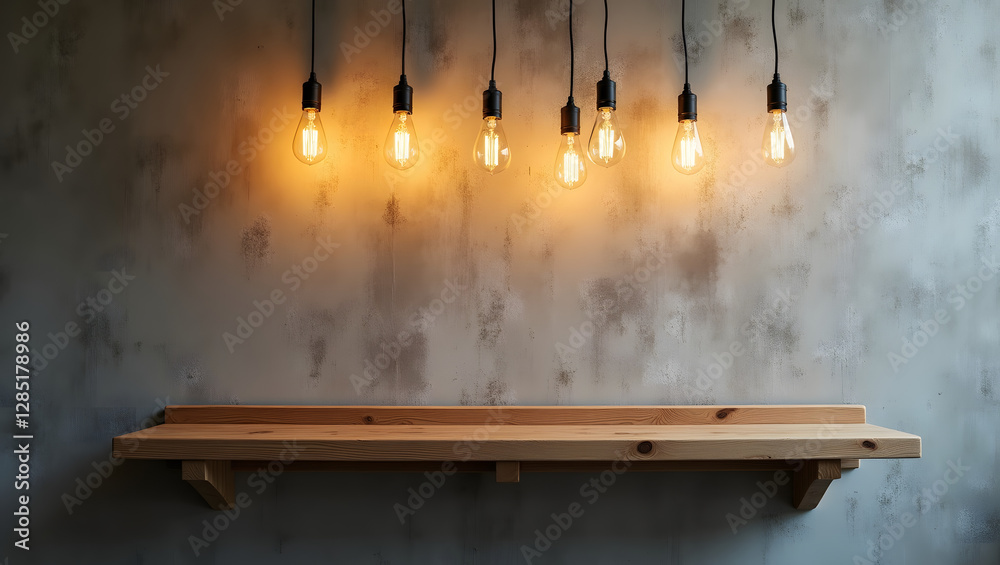 Wooden shelf under five hanging light bulbs against a textured wall, creating a warm, industrial ambiance Wooden shelf under five hanging light bulbs against a textured wall, creating a warm, industrial ambiance
