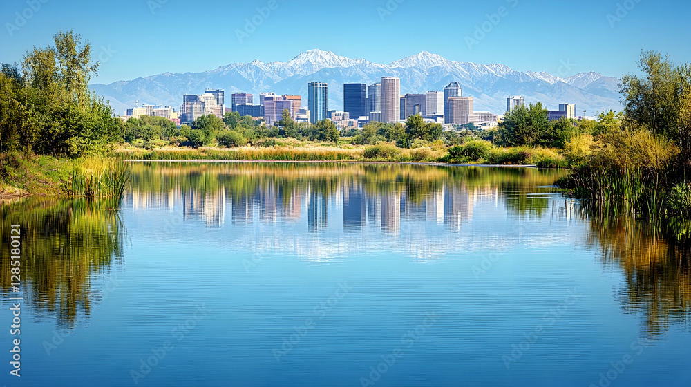 Calm Lake Reflects City Skyline Against Mountains Calm Lake Reflects City Skyline Against Mountains