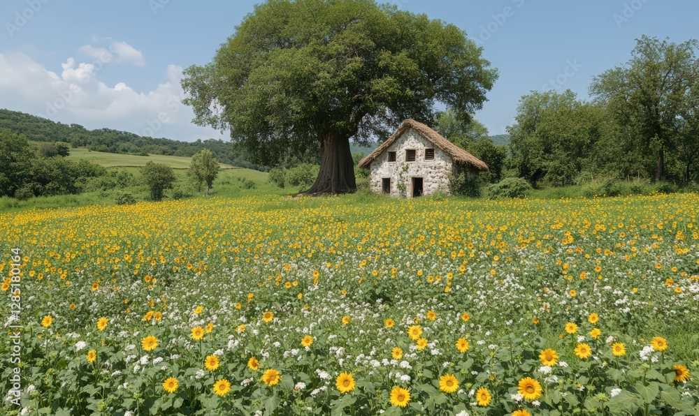Sunflowers and Wildflowers Field with Rustic Stone House and Large Tree Sunflowers and Wildflowers Field with Rustic Stone House and Large Tree