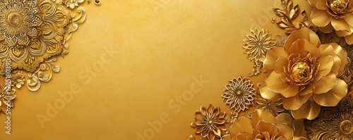 Golden floral ornamentation adorns a shimmering gold background beautifully