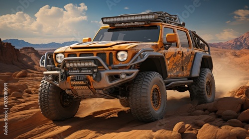 An off-road vehicle driving on a challenging desert terrain