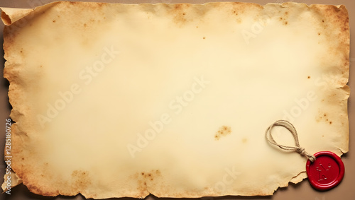 Antique, parchment, scroll, aged, document, historical, paper, manuscript, vintage, old, yellowed, worn, torn, edges, burnt, seal, wax, red, string, tied, knot, authentic, certificate, declaration, pr