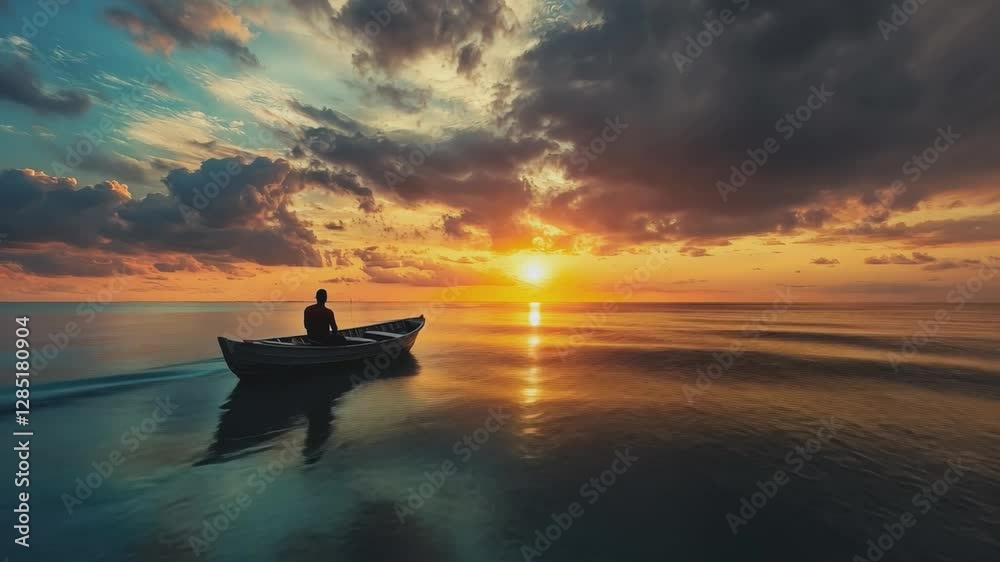 Tranquil Voyage at Sunset: A solitary figure navigates a small boat across serene waters at sunset, where the sky erupts in a painterly display of fiery hues and dramatic clouds. Tranquil Voyage at Sunset: A solitary figure navigates a small boat across serene waters at sunset, where the sky erupts in a painterly display of fiery hues and dramatic clouds.