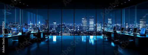 A modern open-plan office with laptops and digital screens on desks, featuring glass walls and a stunning city skyline background, perfect for showcasing contemporary workspace design