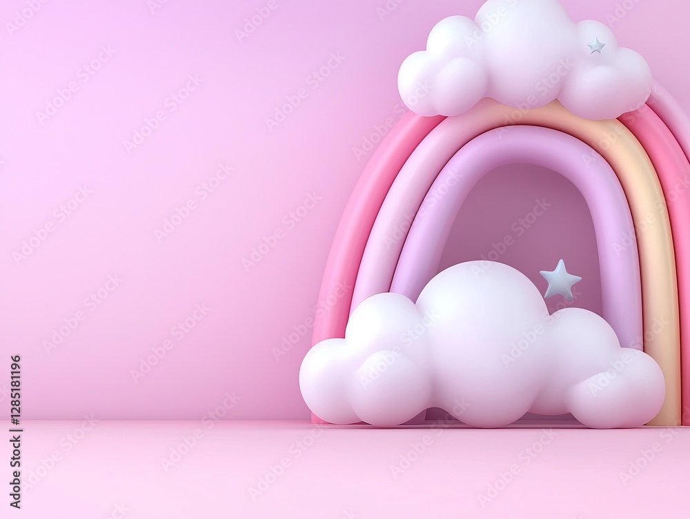 Fototapeta premium Dreamy Pastel Rainbow Arch with Fluffy Clouds and a Twinkling Star on Soft Pink Background Illustration