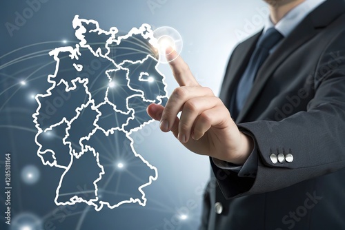 Businessman selecting digital germany map, global business and technology concept, investment and development strategy, international partnership and cooperation, innovation and future opportunities