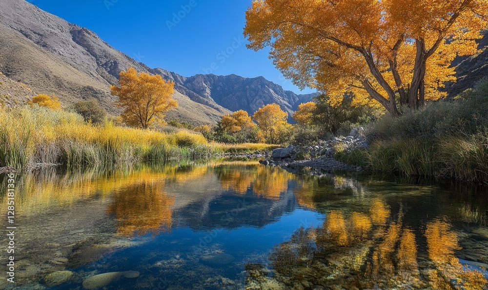 tranquil mountain river surrounded by autumn trees with leaves reflecting on the waters surface, Generative AI tranquil mountain river surrounded by autumn trees with leaves reflecting on the waters surface, Generative AI