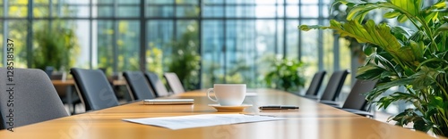 Wooden meeting table with contracts, pens, and coffee, creating a formal signing atmosphere with a blurred business background. Perfect for showcasing business meetings, professionalism