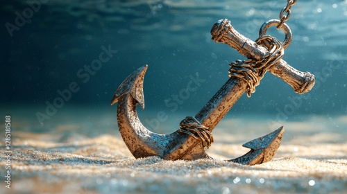 A rusted anchor embedded in sandy seabed, with sunlight filtering through water.