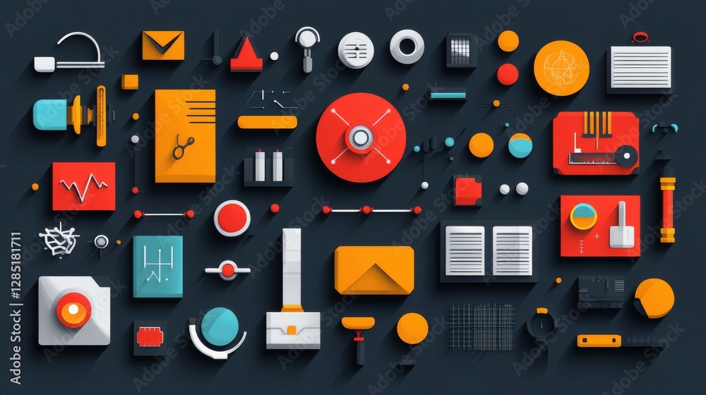 Flat Design Science Illustration with Colorful Geometric Elements Flat Design Science Illustration with Colorful Geometric Elements