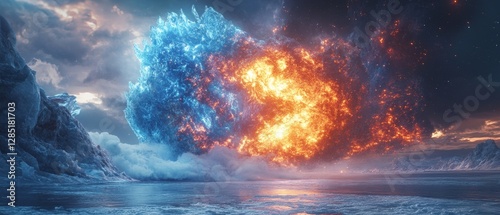 dramatic battle between fire and ice creatures on a frozen lake with magical explosions lighting the sky, Generative AI