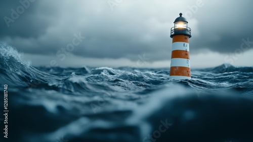 A lighthouse stands amidst turbulent ocean waves under a stormy sky, its light shining brightly.