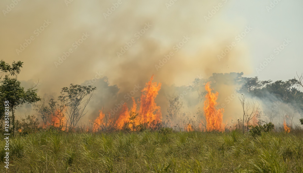 Naklejka premium Wildfire Burning Through Grassland and Vegetation