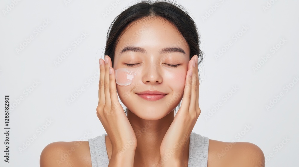 Young Woman Applying Moisturizer on Smooth Skin in Skincare Routine Young Woman Applying Moisturizer on Smooth Skin in Skincare Routine