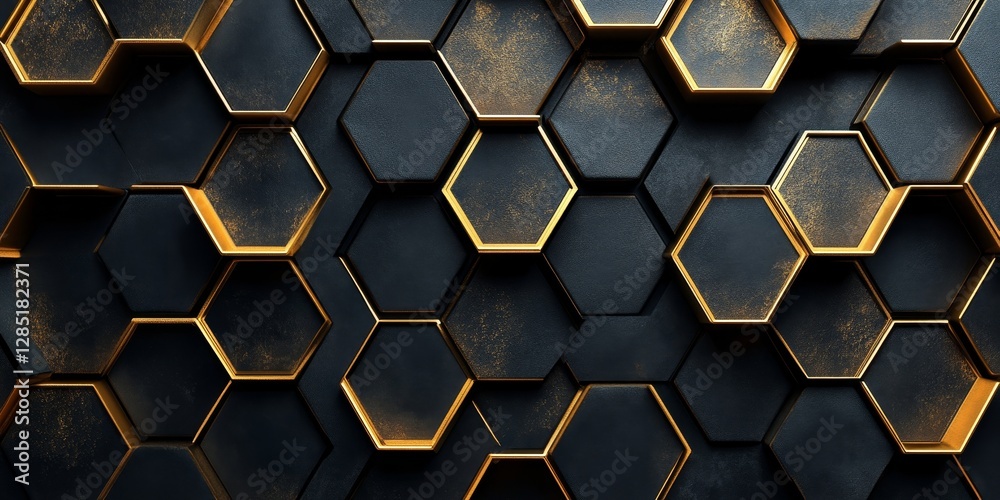 Abstract gold hexagons arranged in a 3D design on a black background, creating a futuristic look, Generative AI Abstract gold hexagons arranged in a 3D design on a black background, creating a futuristic look, Generative AI