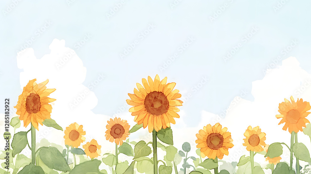 Obraz premium A sunflower field under a bright, clear blue sky, with the sun shining warmly, Generative AI
