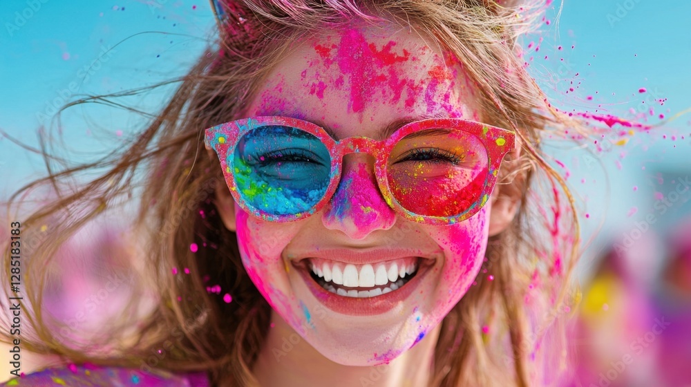 Joyful woman with colorful face paint wearing bright sunglasses, smiling broadly against a vibrant background during a lively celebration outdoors. Joyful woman with colorful face paint wearing bright sunglasses, smiling broadly against a vibrant background during a lively celebration outdoors.