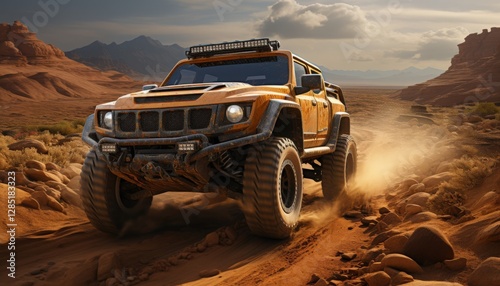 An off-road vehicle driving on a challenging desert terrain