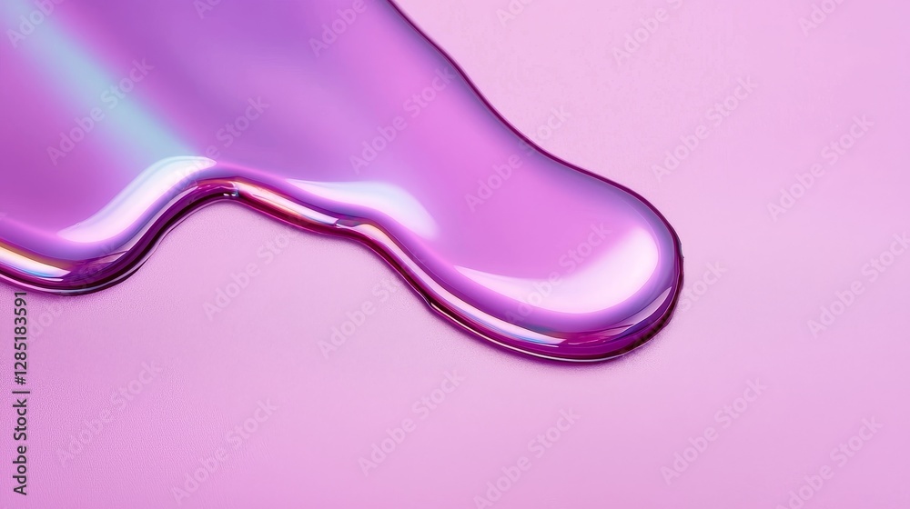 Obraz premium Iridescent Liquid Spill with Reflective Surface on a Pink Background in Abstract Style
