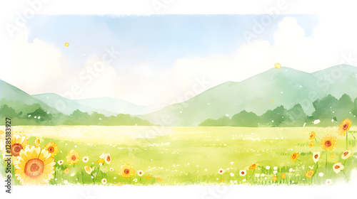 A sunflower field under a bright, clear blue sky, with the sun shining warmly, Generative AI