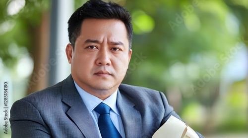 Serious Businessman in Suit with Documents in Natural Environment