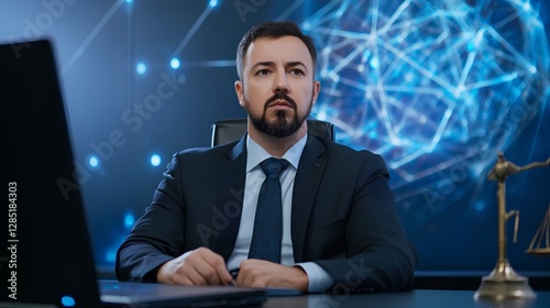 Professional Man in Suit Surrounded by Digital Technology Background