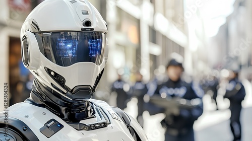 Futuristic Police Robot Patrolling Urban Environment in Daylight
