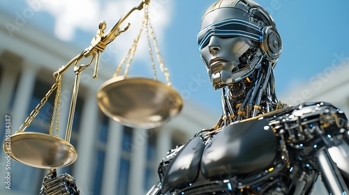 Futuristic Robot Holding Scales of Justice in Urban Environment
